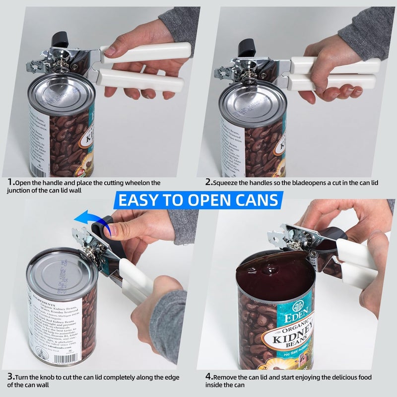 Comforic Can Opener Manual, Can Openers Hand Held with Comfort Anti-Slip Handles, Heavy Duty Stainless Steel Can Opener Smooth Edge and Bottle Openers, Easy Turn Can Openers for Seniors, Kitchen, White - Image 3